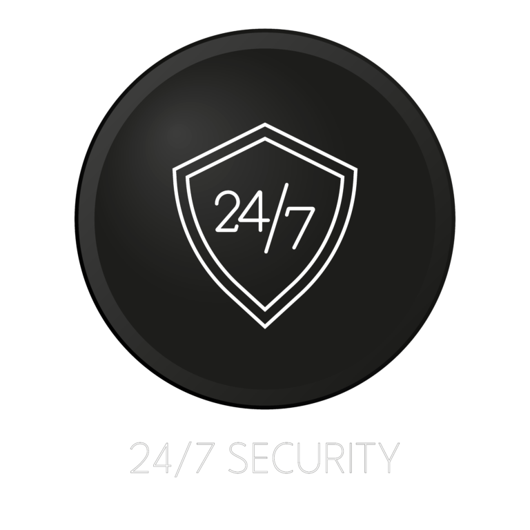 A shield icon with "24/7" inside on a dark circular background.