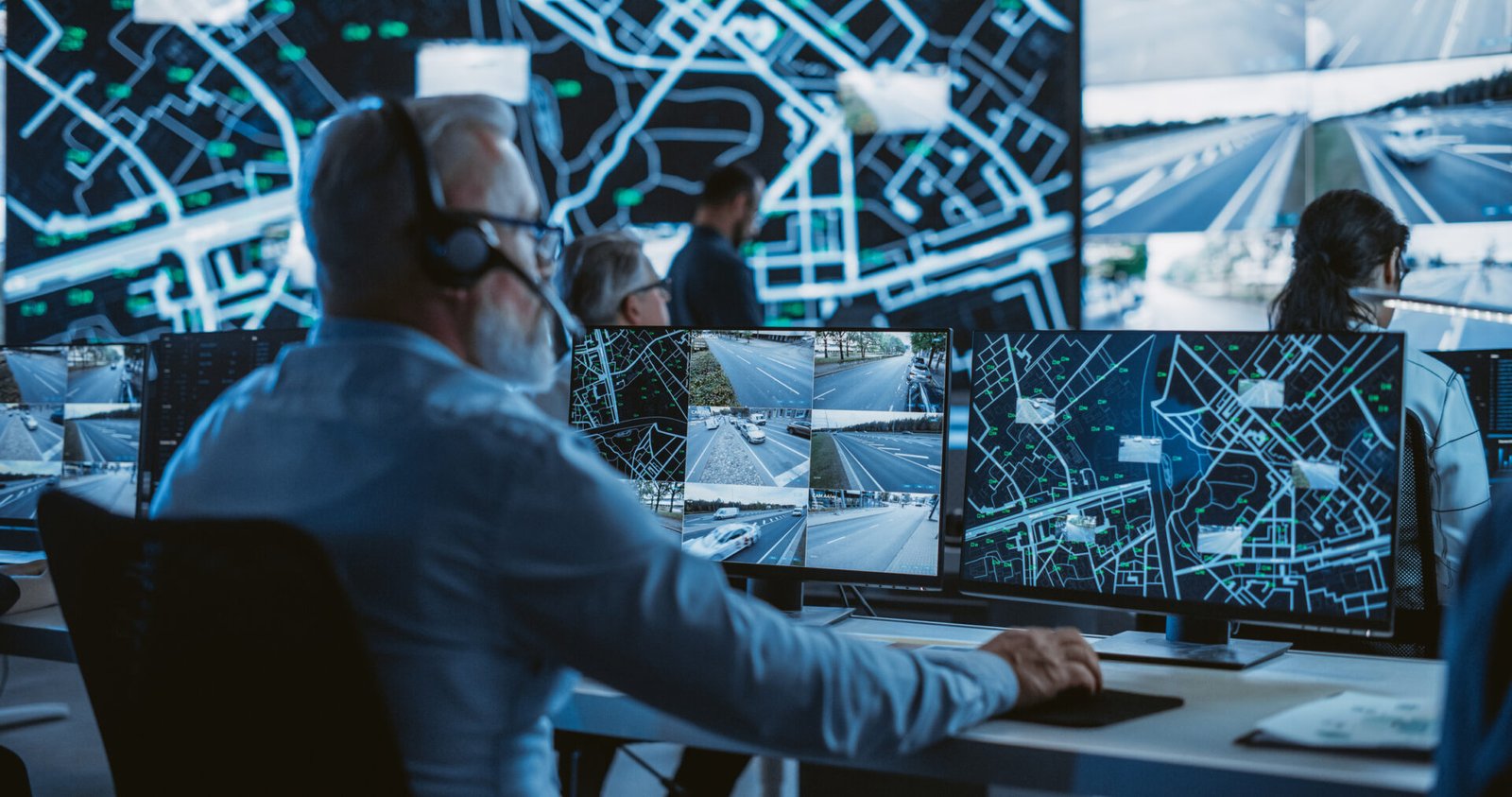Control room with multiple surveillance monitors.