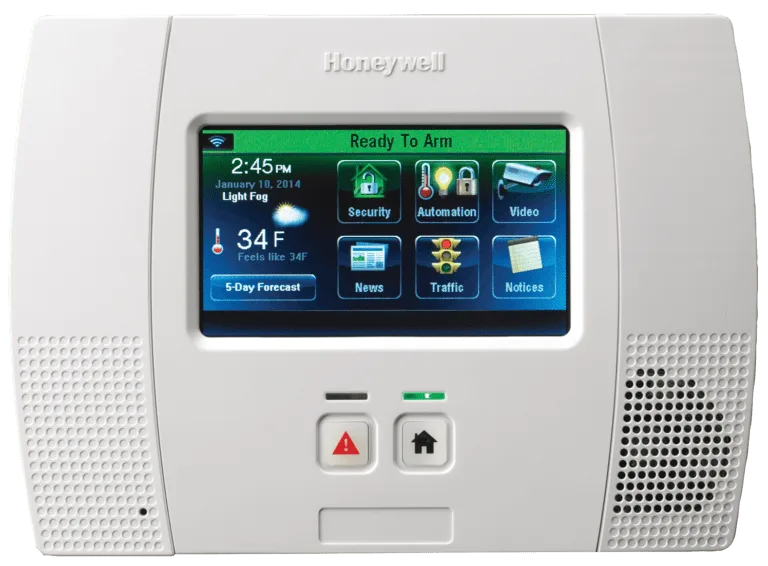 A digital home security control panel displaying system status and options.