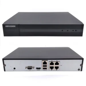Black network video recorder with multiple ports on the back.